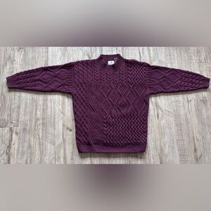 JJ. Farmer handknit Wool Cotton blend cable knit sweater unisex mens womans wine